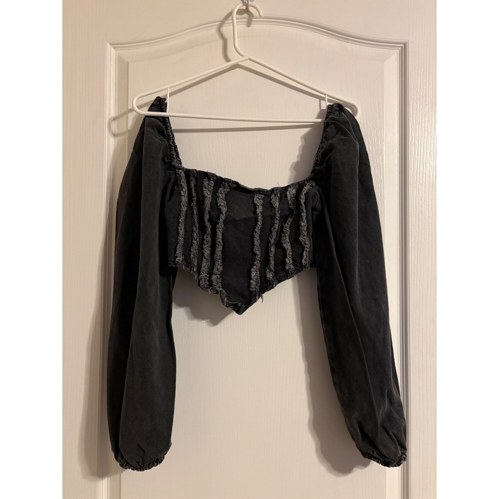 Nasty Gal Denim Corset Top Womens 2 Black Excellent Frayed Puff Sleeve Zip Back